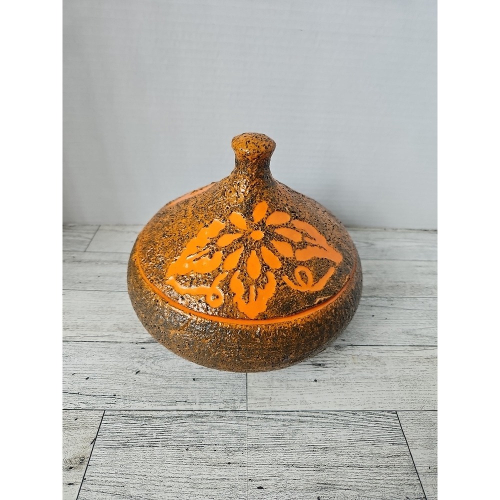 1960s 1970s Holland‎ Mold Orange Bowl With Lid Floral Design Textured MCM